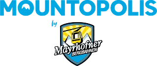 Blauer Schriftzug „MOUNTOPOLIS“ über dem Wappen-Logo der Mayrhofner Bergbahnen mit einer gelben Gondel vor Bergen.